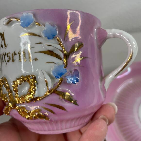 Vintage Mustache Cup and Saucer "A Present" Porcelain Made in Germany - Picture 2 of 11